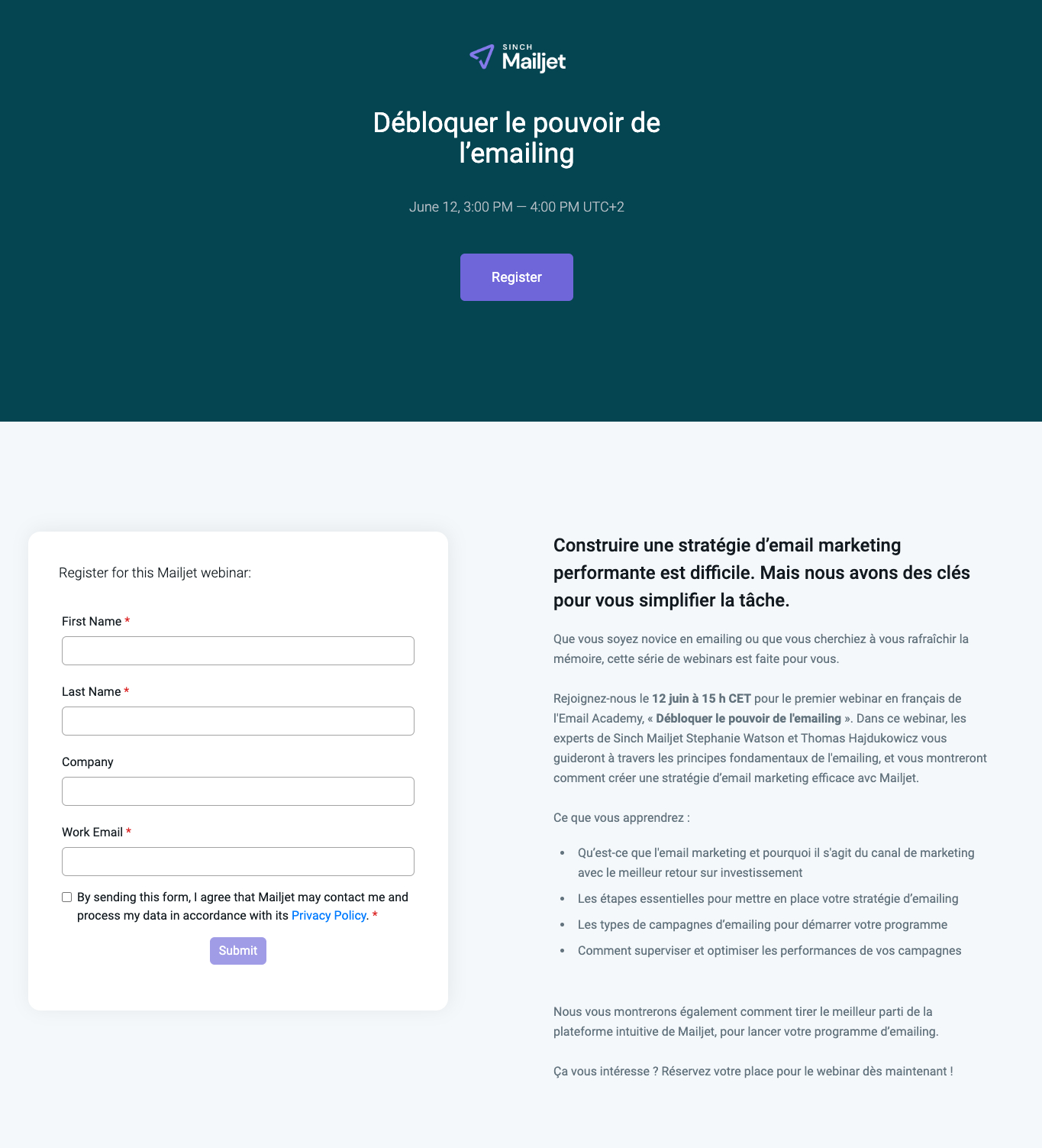 Un exemple de landing page synchronisée de la série de webinar Email Academy de Sinch Mailjet