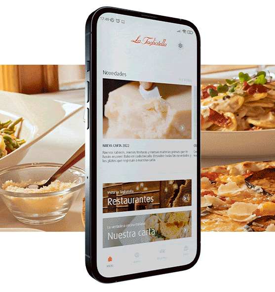 GIF de un email de la Tagliatella, con un móvil que se mueve en 3D delante de una foto de comida italiana.