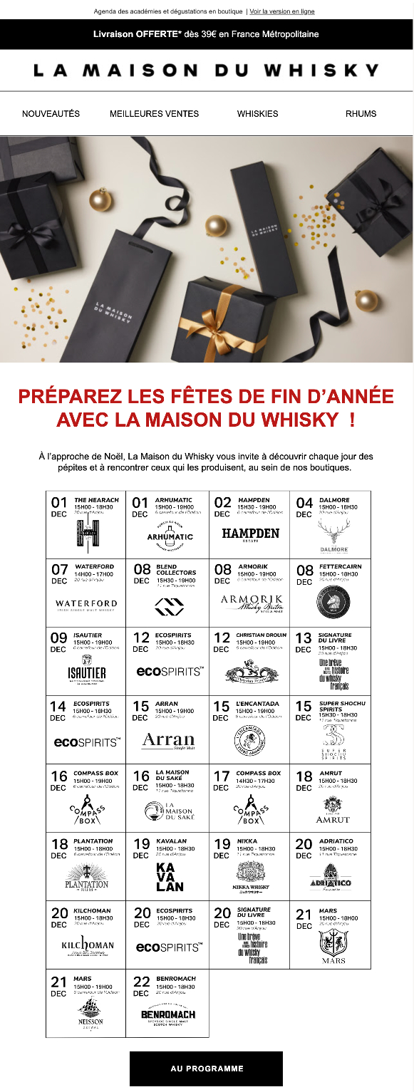 Newsletter de la Maison du Whisky reprenant le motif d’un calendrier de l’Avent