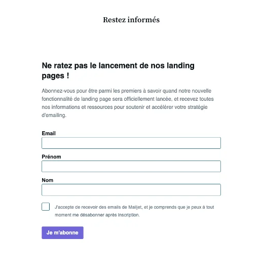 Le formulaire d’inscription à recevoir des notifications de mise à jour sur la fonctionnalité de landing pages de Mailjet