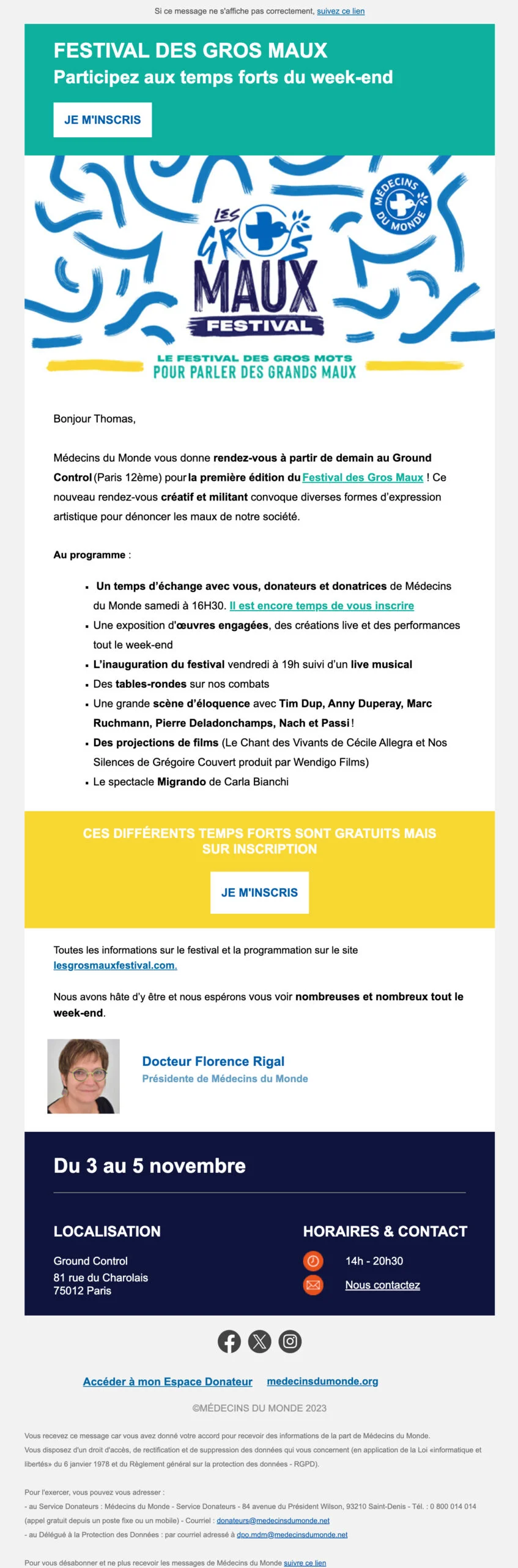 Capture d’écran d’un email envoyé par Médecins du Monde