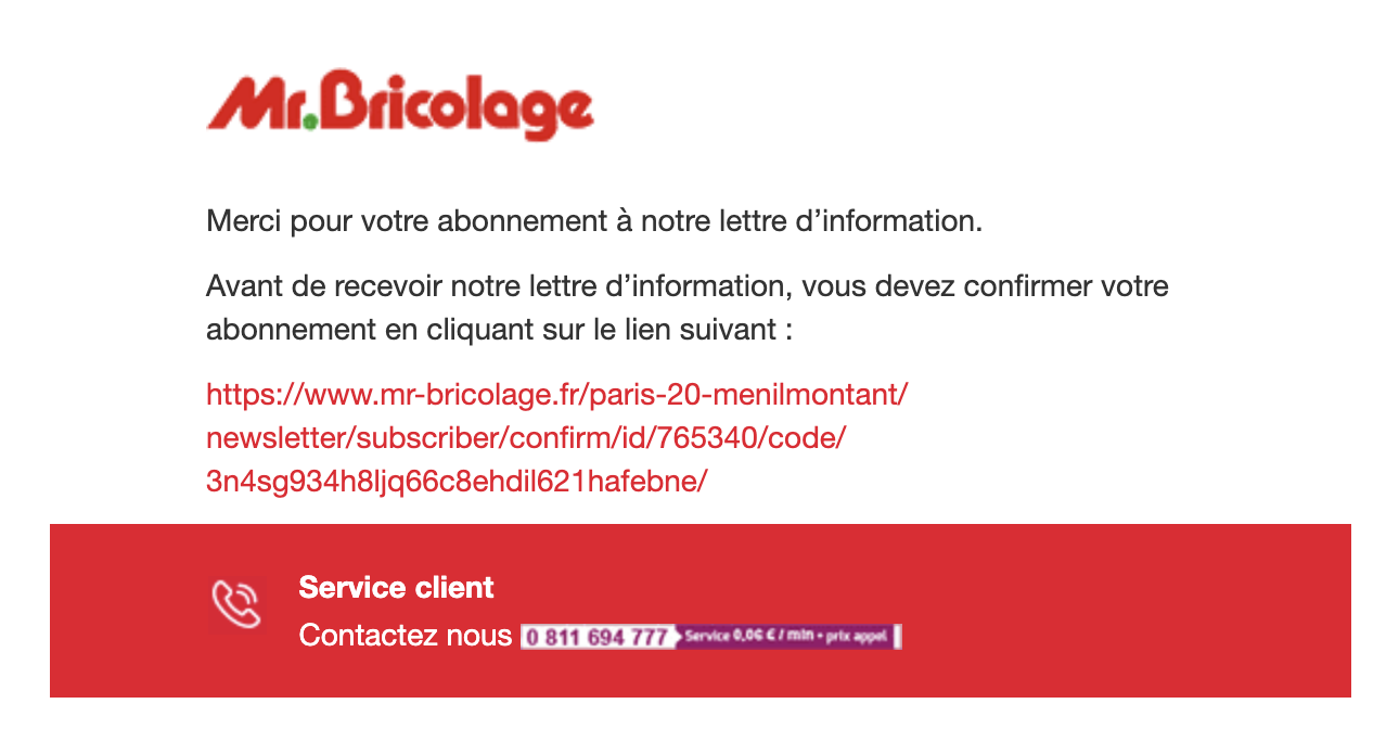Capture d’écran de l’email de confirmation de double opt-in envoyé par Mr. Bricolage