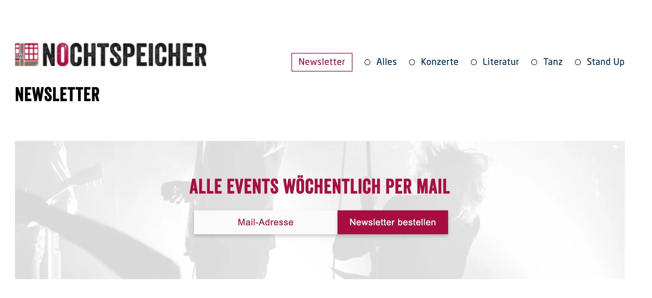 E-Mail-Anmeldemöglichkeit für Musik-Veranstaltungsort Nochtspeicher in Hamburg