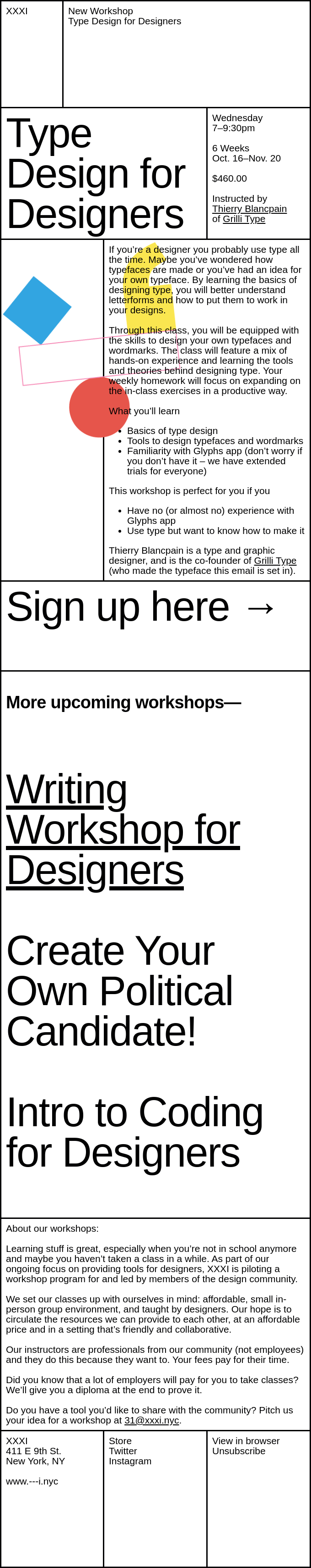 A traditional hard table email design from XXXI