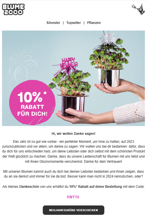 Neujahrs Newsletter mit Danksagung von Blume 2000