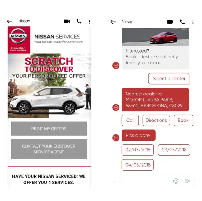 Deux téléphones, l’un affichant une campagne emailing et l’autre un message enrichi de Nissan.