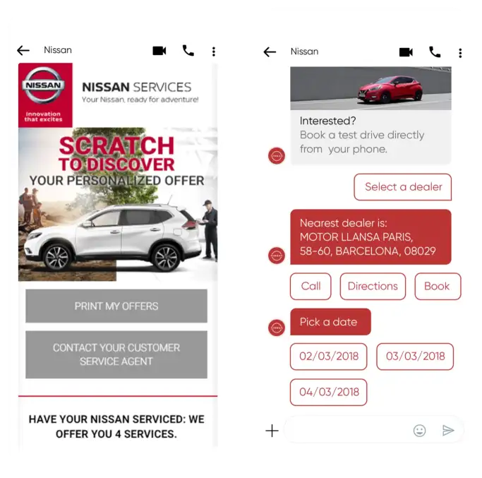 Zwei Smartphone-Bildschirme, einer zeigt eine E-Mail-Kampagne, der andere eine RCS-Nachricht von Nissan.