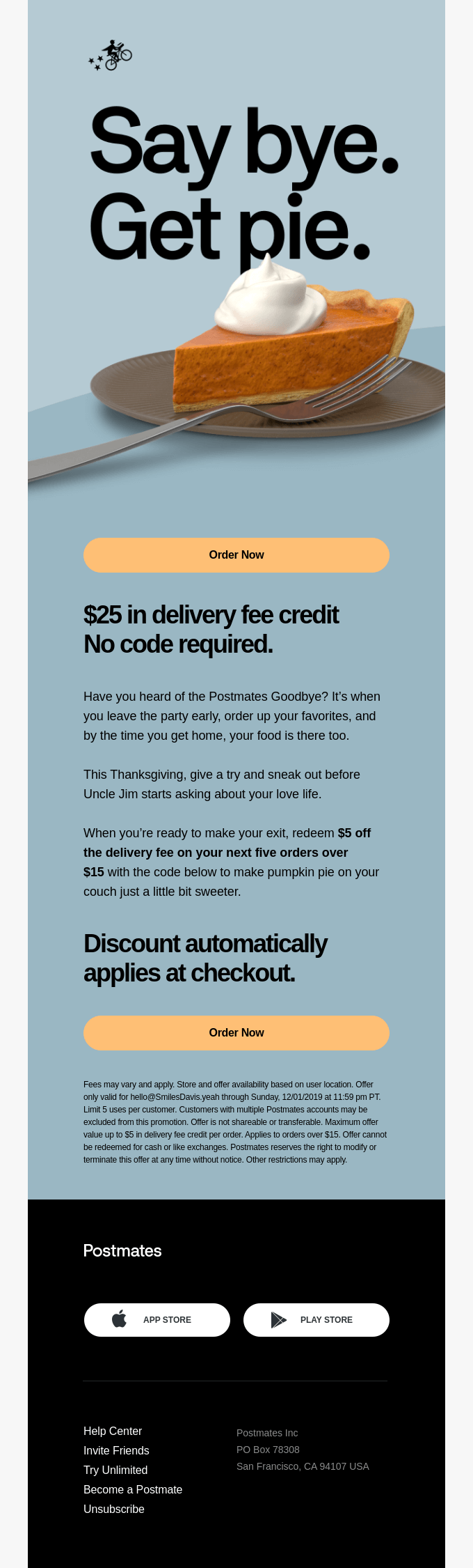 An example of a Thanksgiving hoilday email offering a discount code