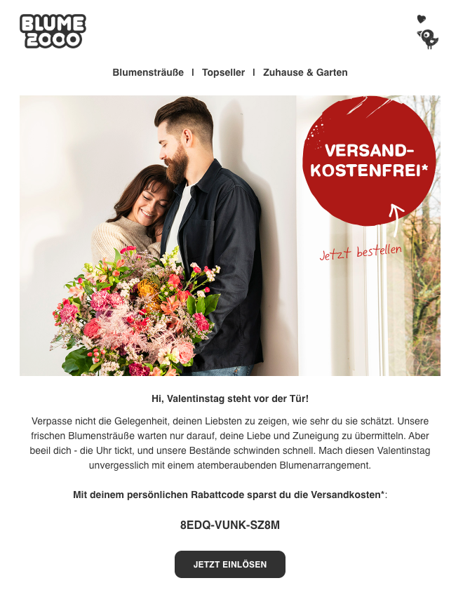 Erinnerungs-E-Mail von Blume 2000 auf der ein glückliches Paar zu sehen ist, welches einen Blumenstrauß in der Hand hält.