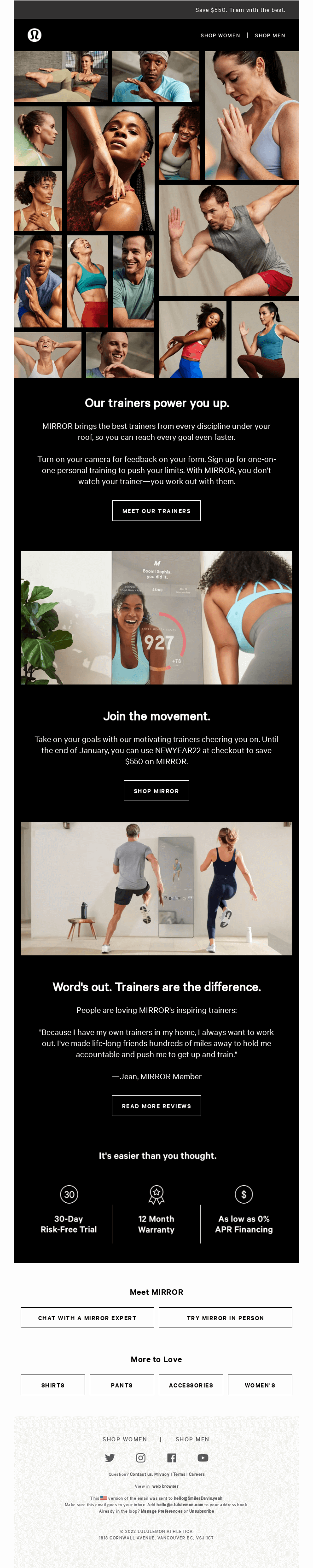 A Lululemon email campaign demonstrating the use of a picture wall