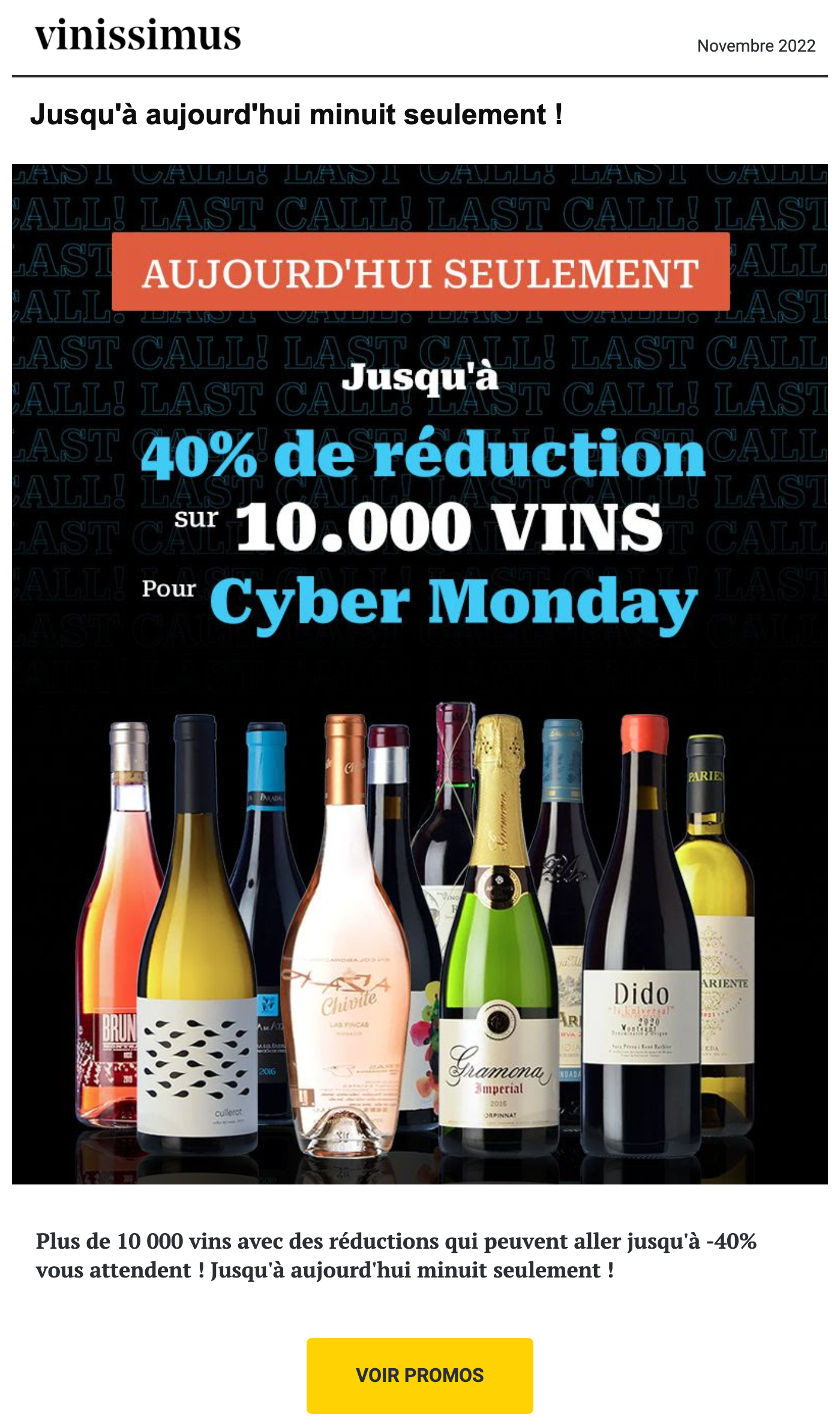 Capture d’écran d’un email de promotions de Cyber Monday envoyé par Vinissimus