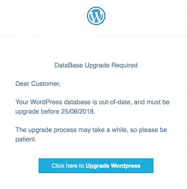Screenshot of WordPress phishing email