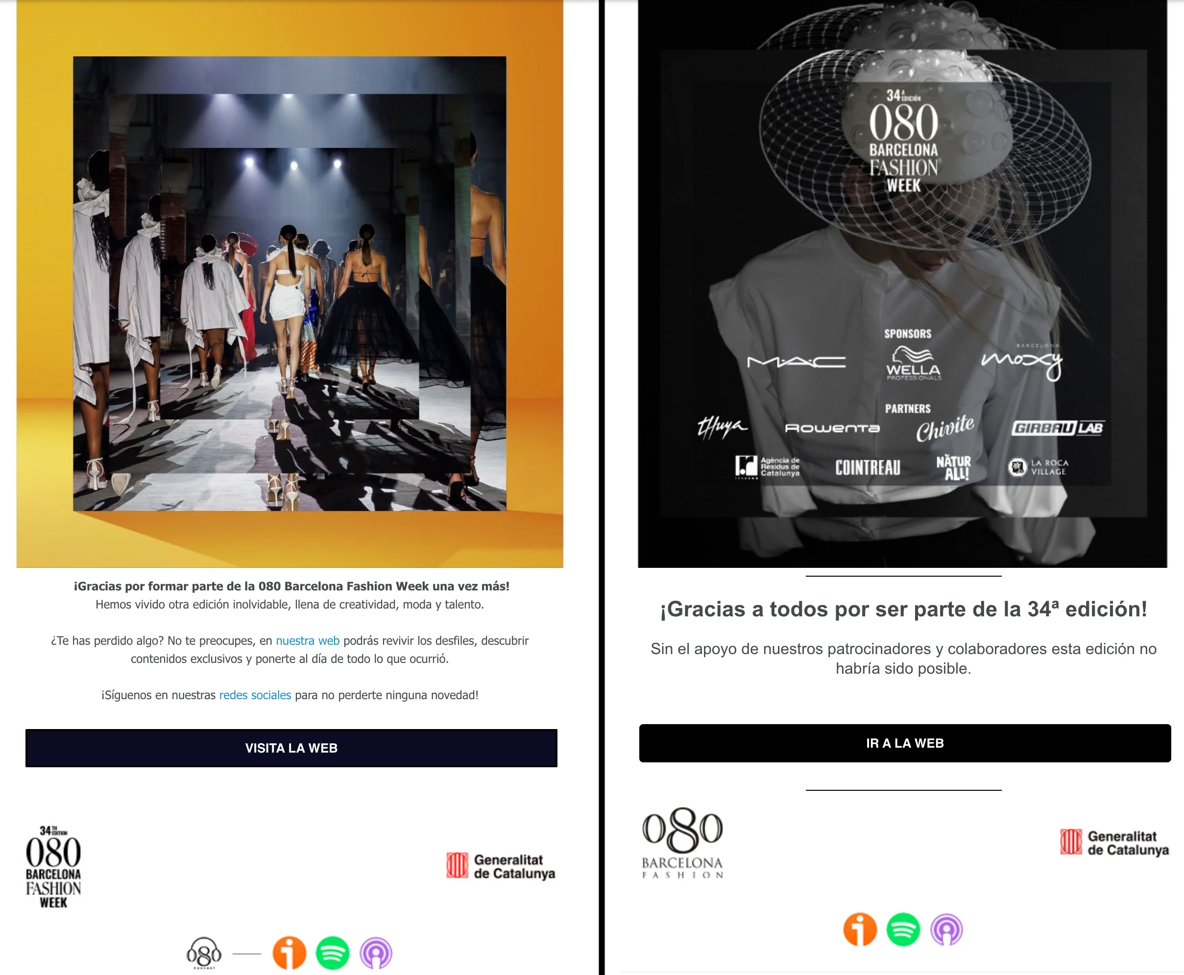 Dos emails de 080 Barcelona Fashion, dando las gracias a los asistentes y a sus colaboradores.