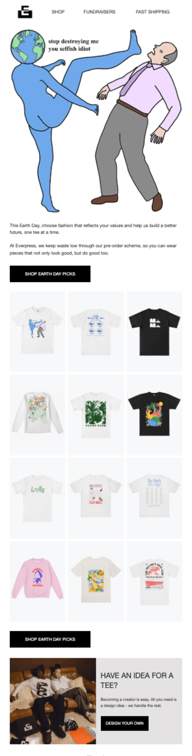 Earth Day newsletter featuring bold illustrated t-shirts