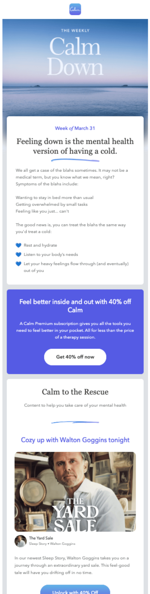 Mental health newsletter from Calm with self-care advice