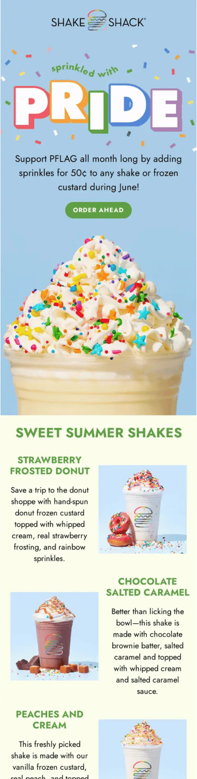 Pride Month email with rainbow sprinkle milkshakes