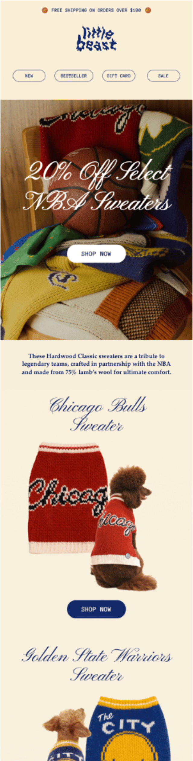 Spring sale newsletter featuring NBA dog sweaters