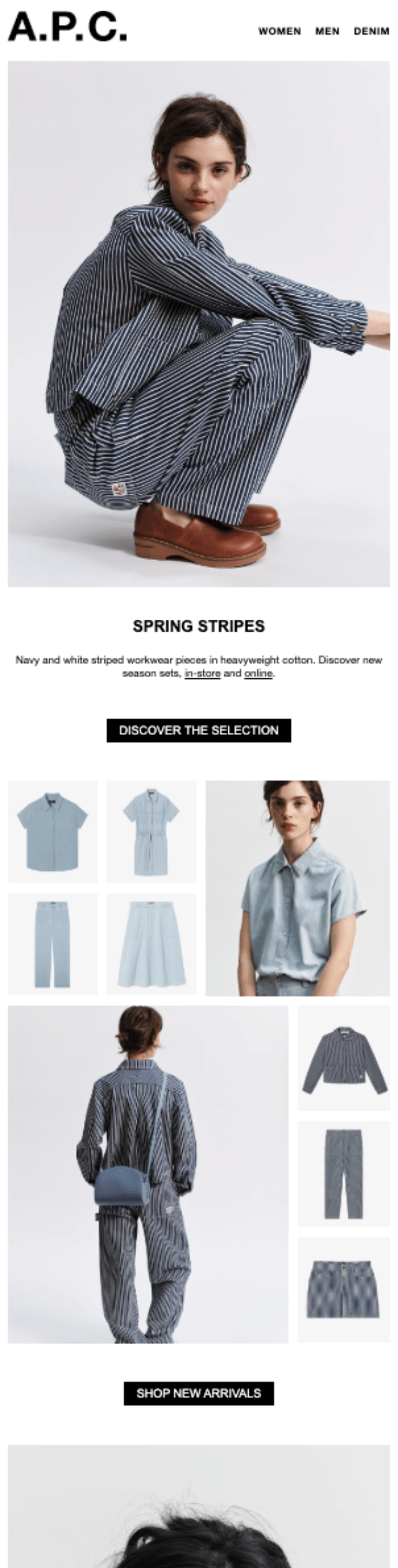 Editorial email from A.P.C. featuring their striped spring collection