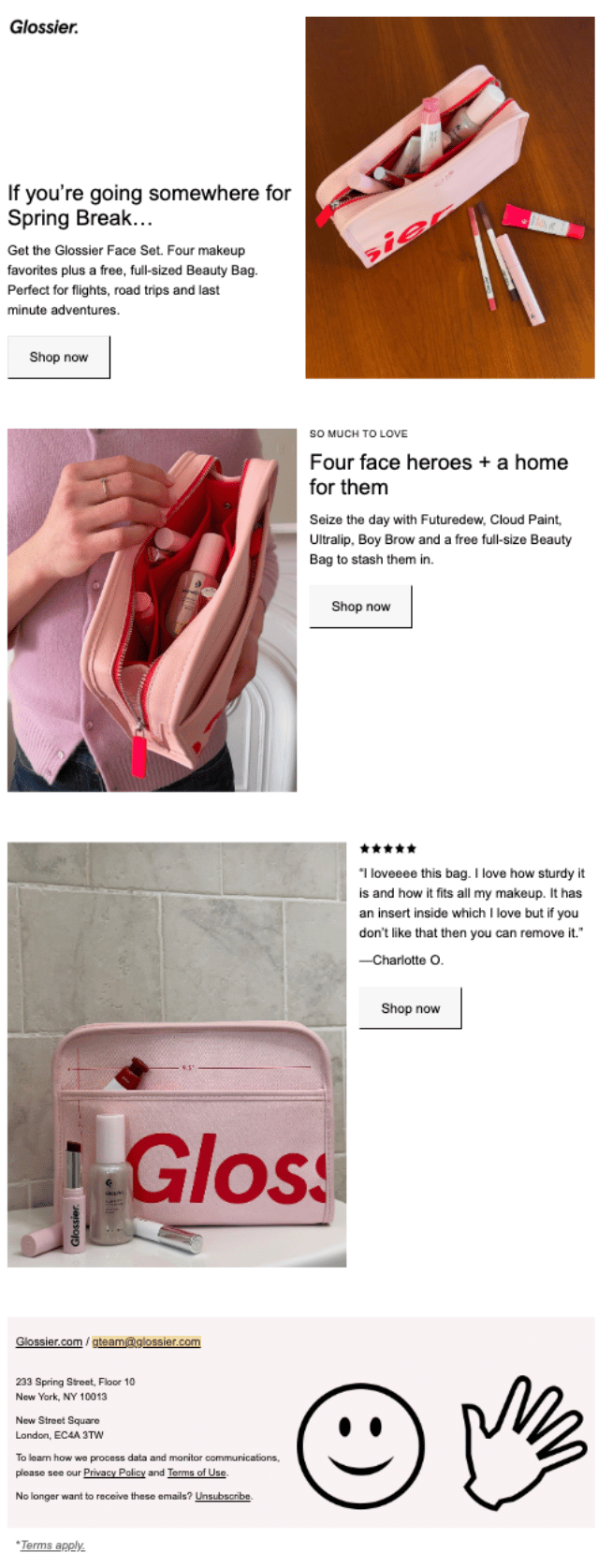 Spring Break beauty newsletter featuring travel-size gift set