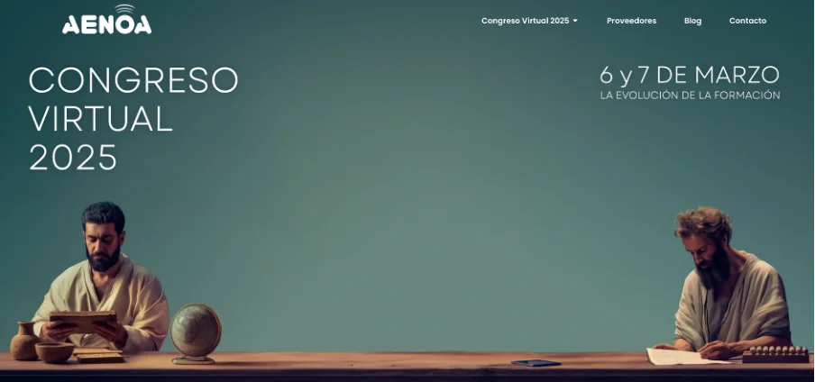 Captura de pantalla de la portada de Aenoa Congreso Virtual 2025 con la información del evento e imagen con dos personas leyendo y calculando.