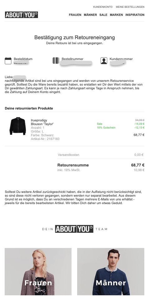 Beispiel einer Transaktions-E-Mail von ABOUT YOU