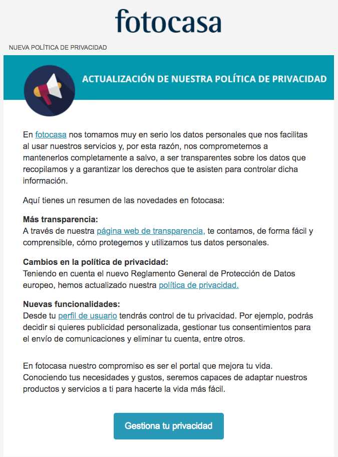 Ejemplo de email política de privacidad Fotocasa