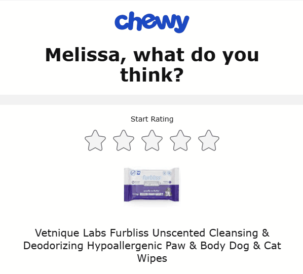 An email from Chewy with an interactive star rating