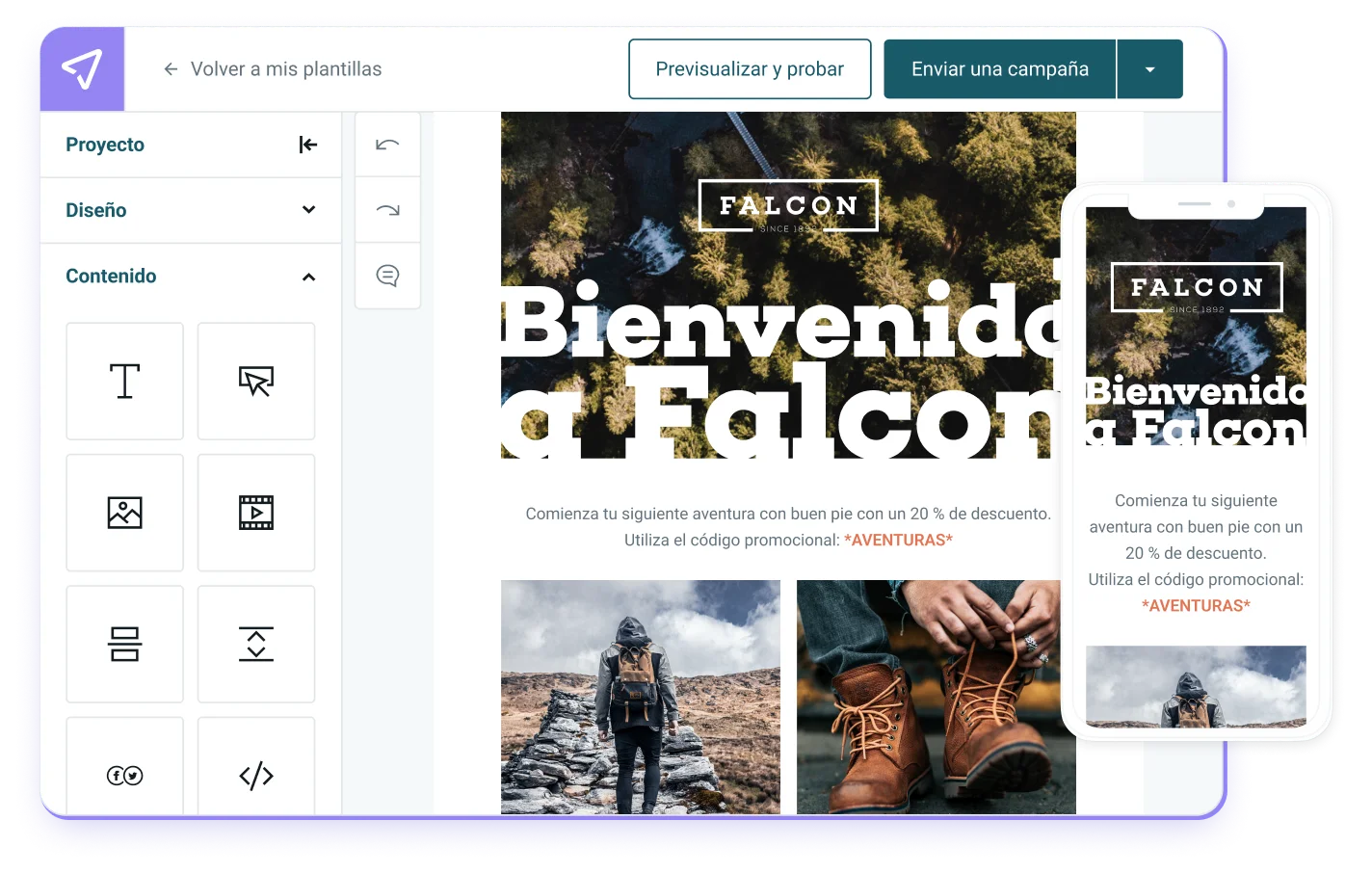 Captura de pantalla del Editor de emails de Mailjet y una previsualización de un email en móvil.