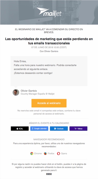Email de recordatorio a webinario Mailjet