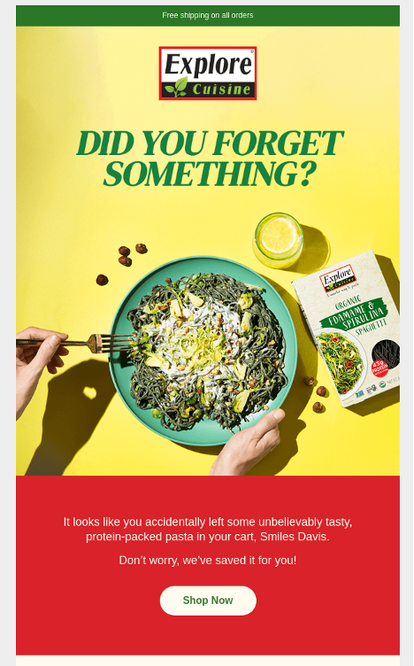 Plantilla de email de Explore Cuisine con un plato con pasta orgánica y un vaso de zumo.
