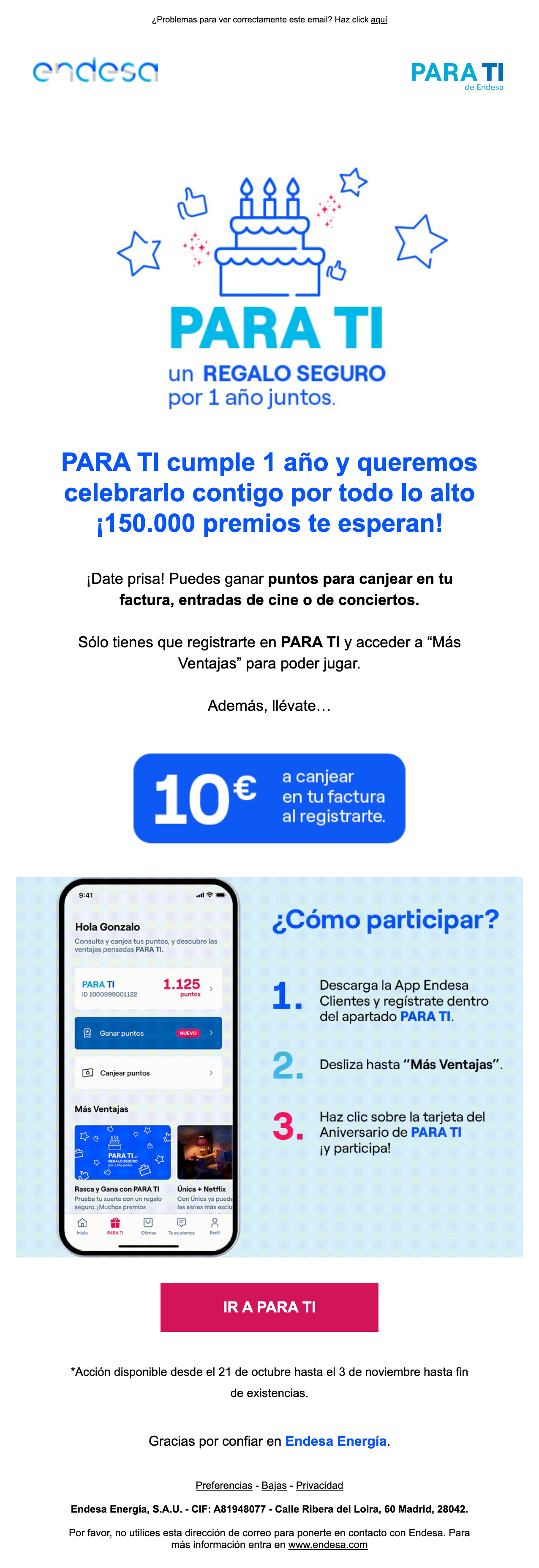 Un email de Endesa donde te animan a probar su app con un descuento.
