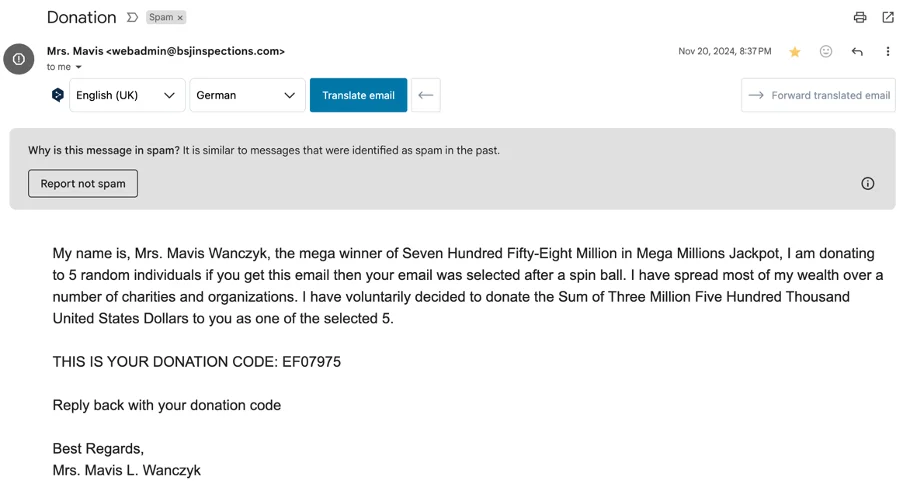 Spam en forma de email escrito en inglés anunciando una donación de más de tres millones de dólares.