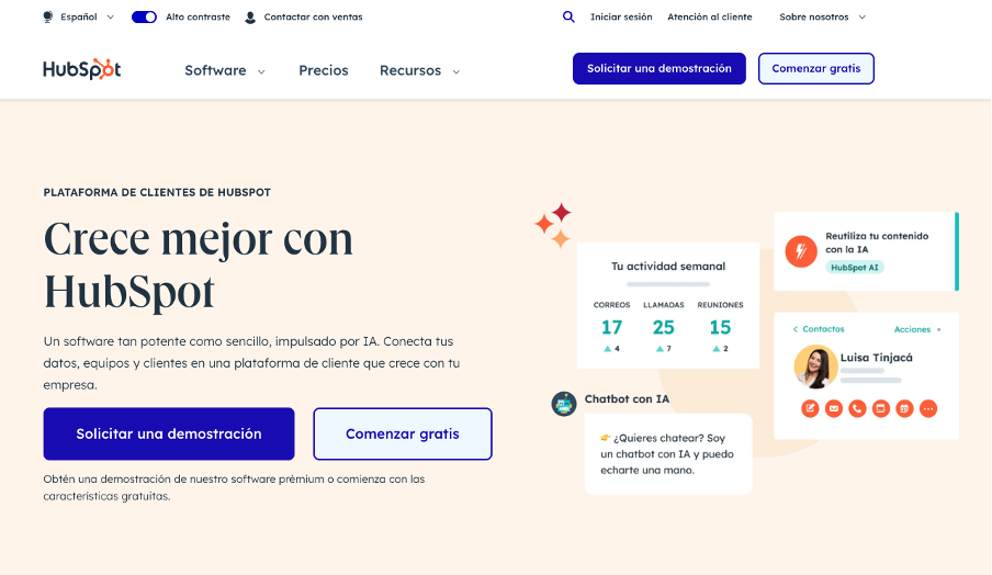 Captura de pantalla de la página web de HubSpot.