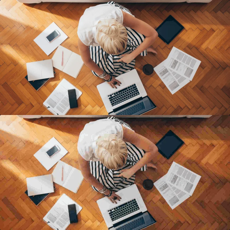 Vergleich von komprimierten PNG-Bild und JPEG-Bild, auf dem eine Frau, die auf dem Boden sitzt und an einem Laptop arbeitet, zu sehen ist.