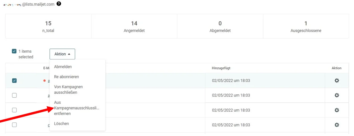 Kontakte manuell entfernen bei Mailjet.