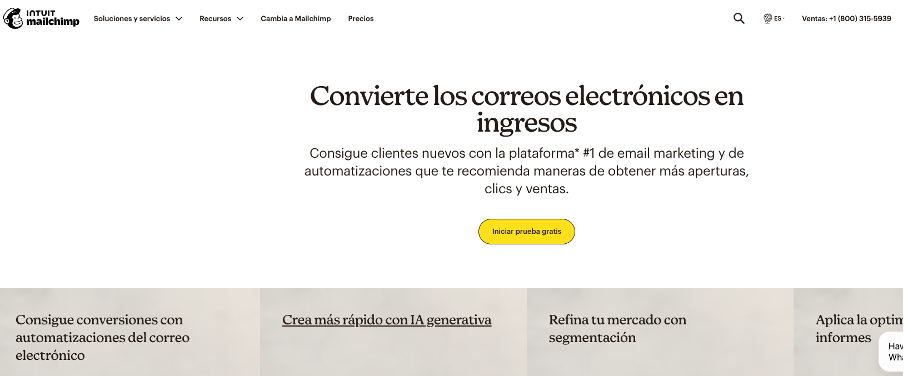 Captura de pantalla de la página web de Mailchimp.
