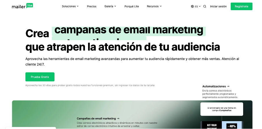 Captura de pantalla de la página web de MailerLite.