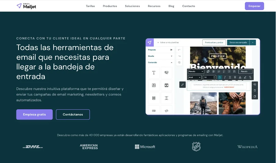 Captura de pantalla de la página web de Sinch Mailjet.