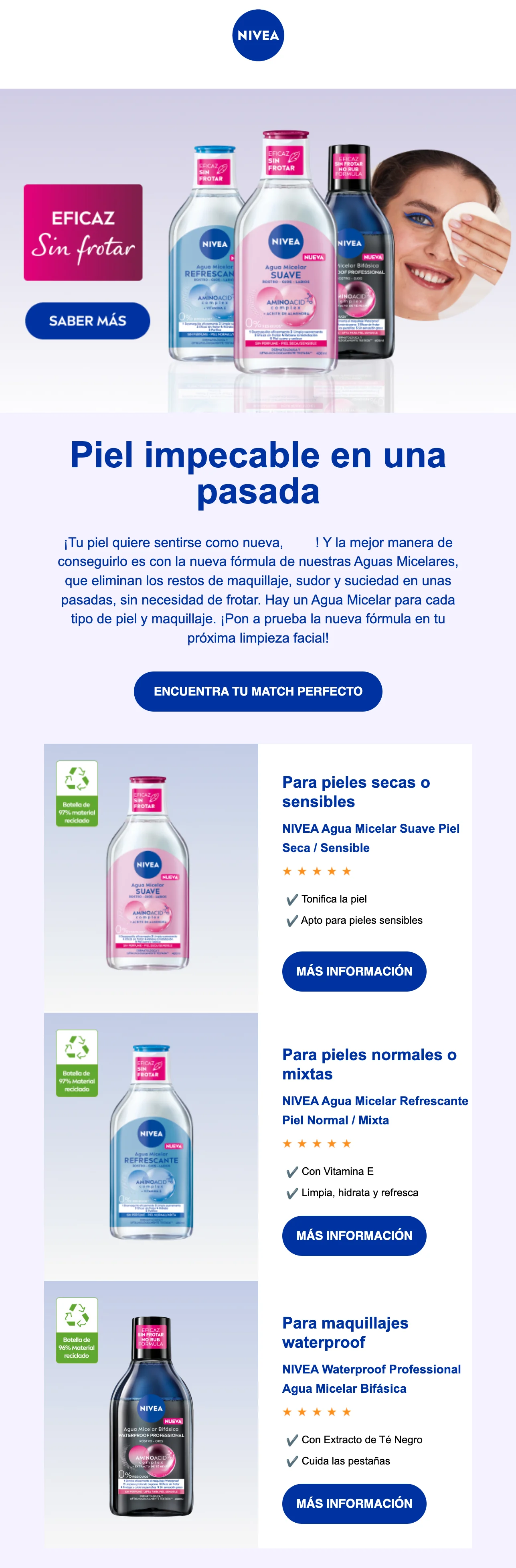 Un email de Nivea donde muestran sus nuevas aguas micelares.