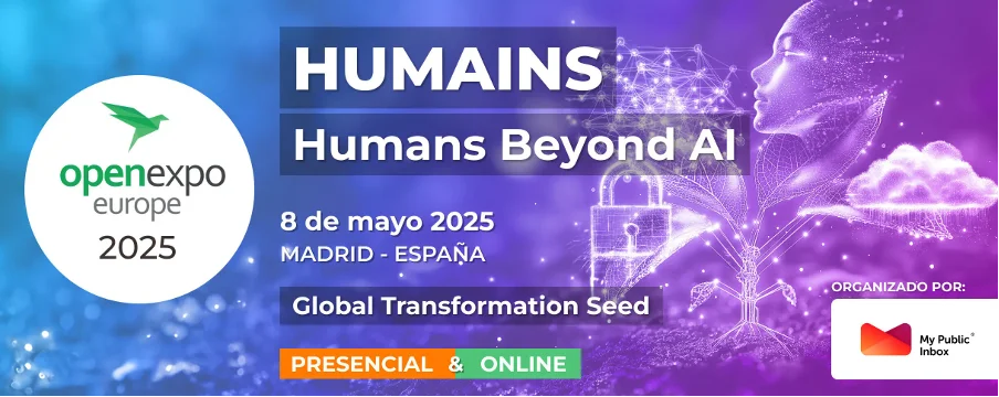 Captura de pantalla de la portada de OpenExpo Europe con la información del evento y al fondo imagen con varios elementos: rosto humano, candado, nube, etc.