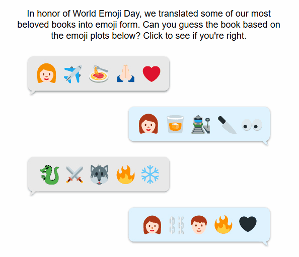 An email from Penguin Random House featuring clickable speech bubbles with emoji