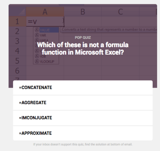 A section of a Quartz newsletter that features a quiz on Microsoft Excel formula functions