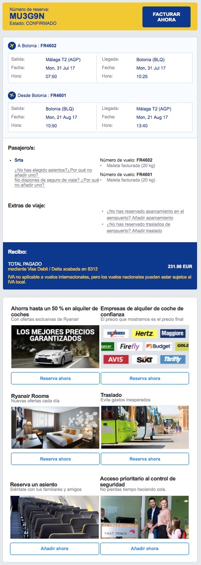 Email marketing de Ryanair con upselling