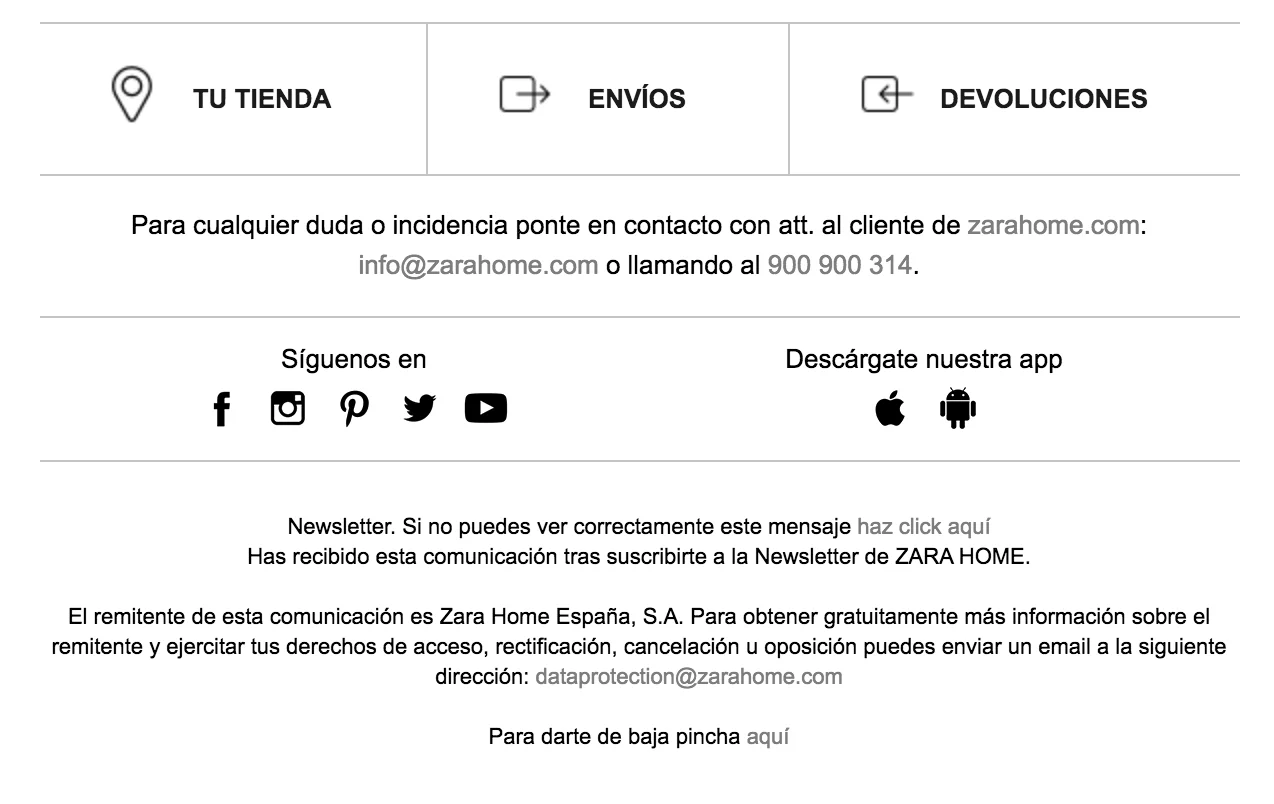 Pie de email Zara