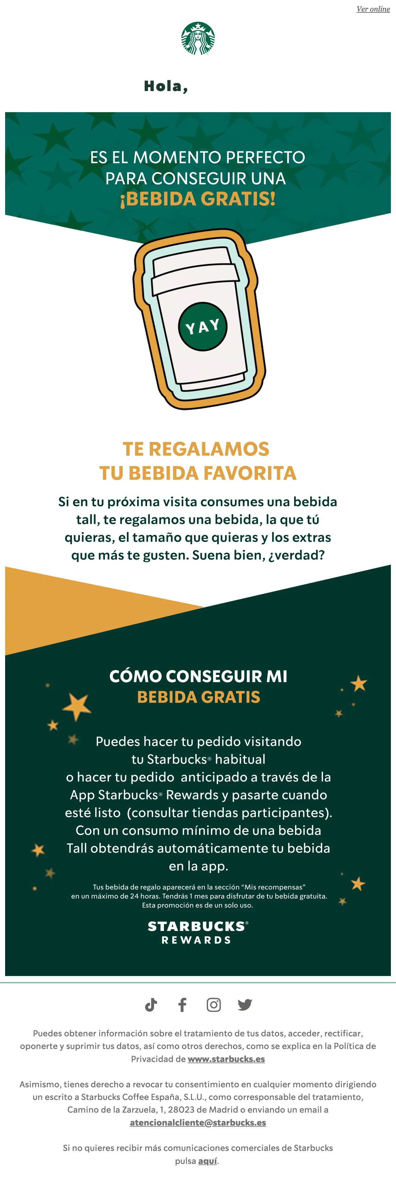Un email de Starbucks para los miembros de su programa de recompensas con una bebida gratis si compras otra.