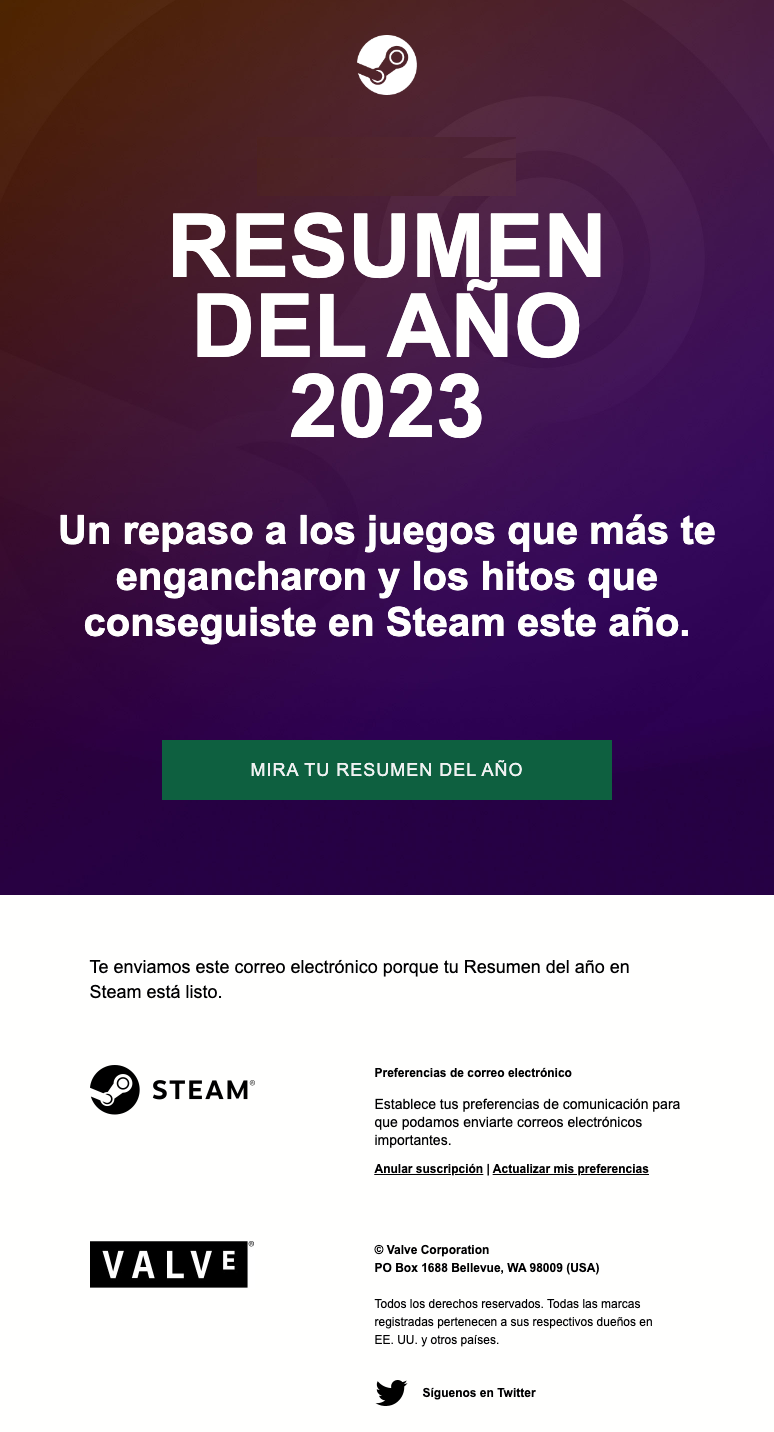 Email de Steam con el repaso del año.