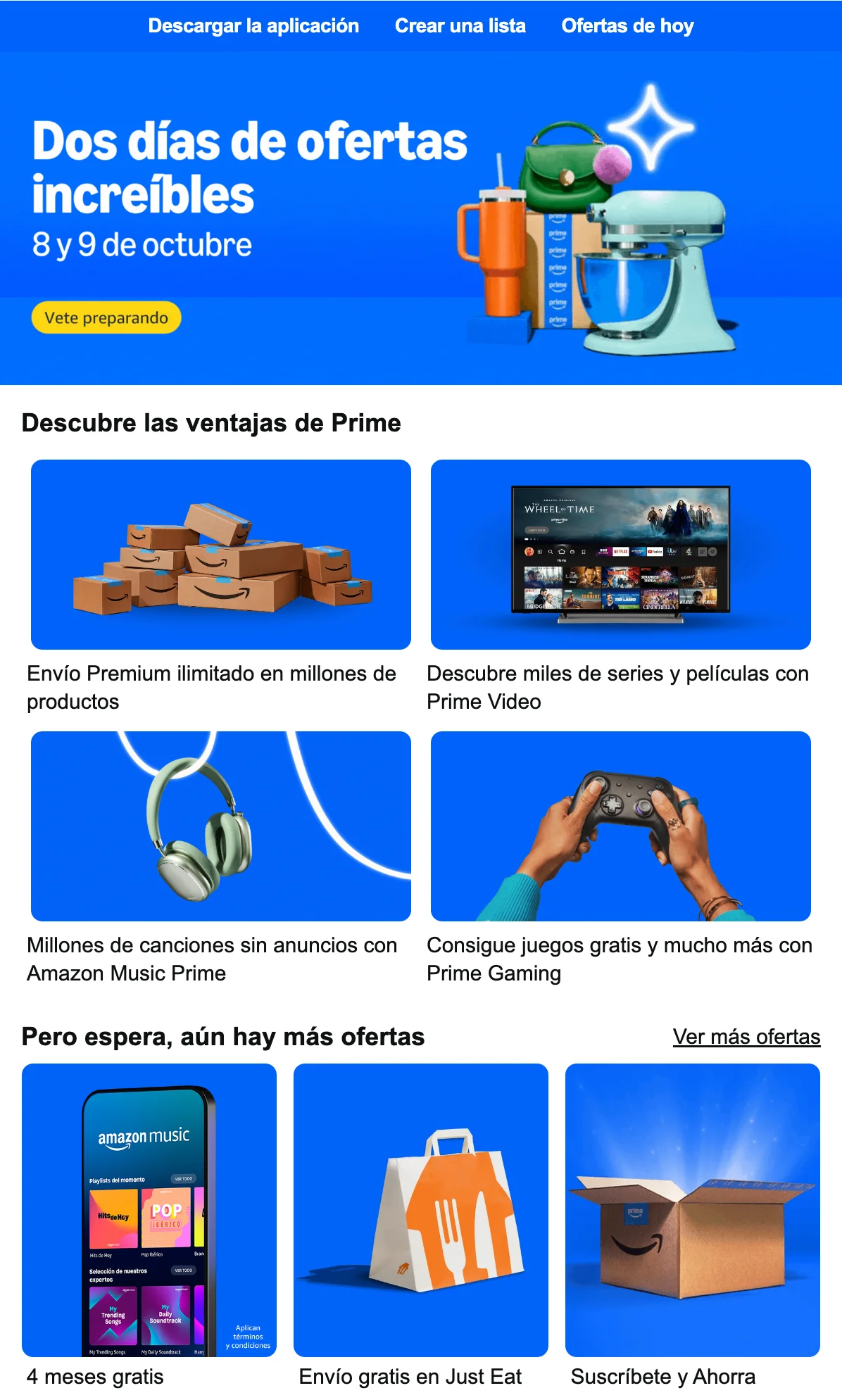 Email de Amazon con sus Ofertas Prime en distintas categorías.