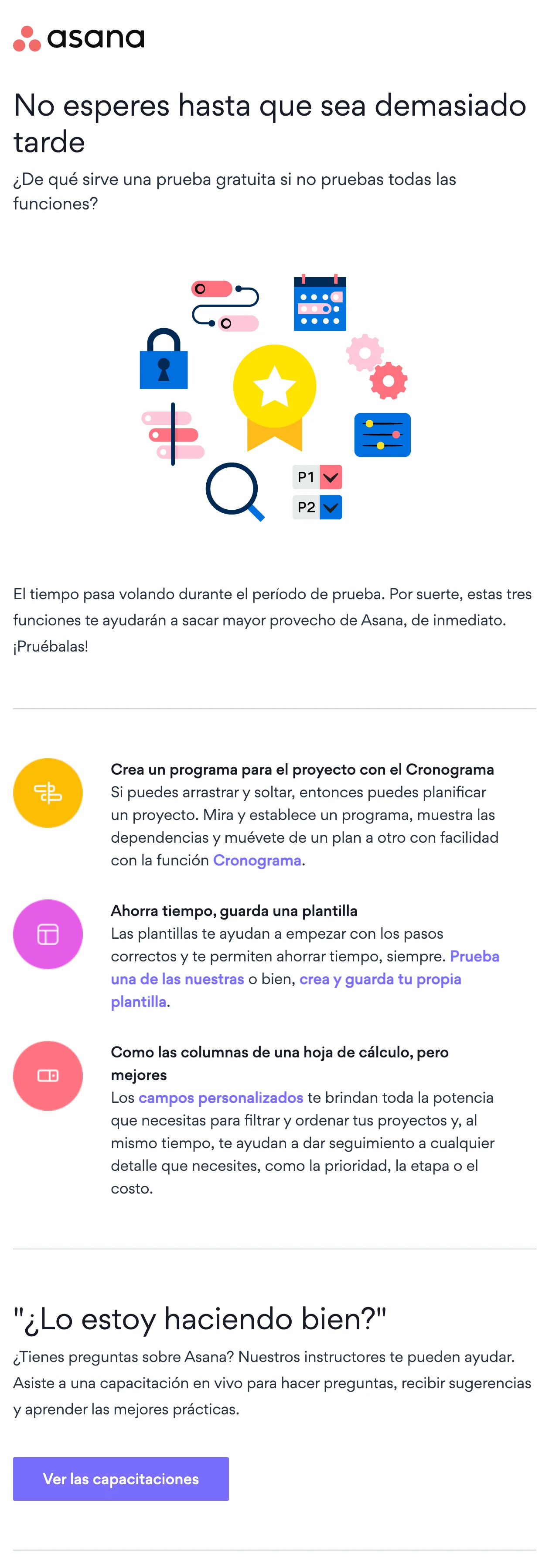 Email de Asana con un recordatorio de que se está acabando el periodo de prueba y funciones que puedes probar todavía.