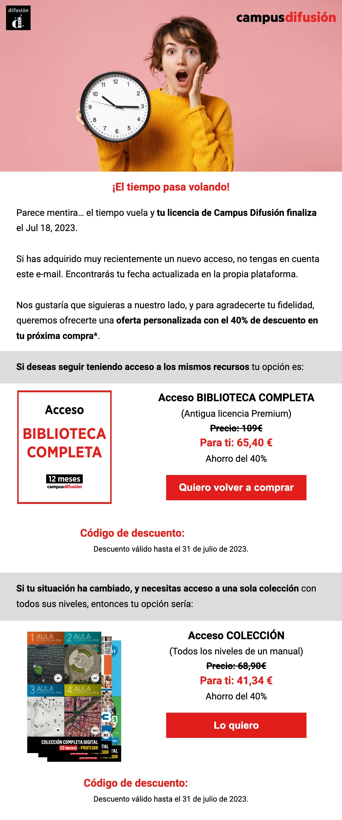 Un email de Campus Difusión donde te ofrecen descuentos por renovar tu suscripción con ellos.