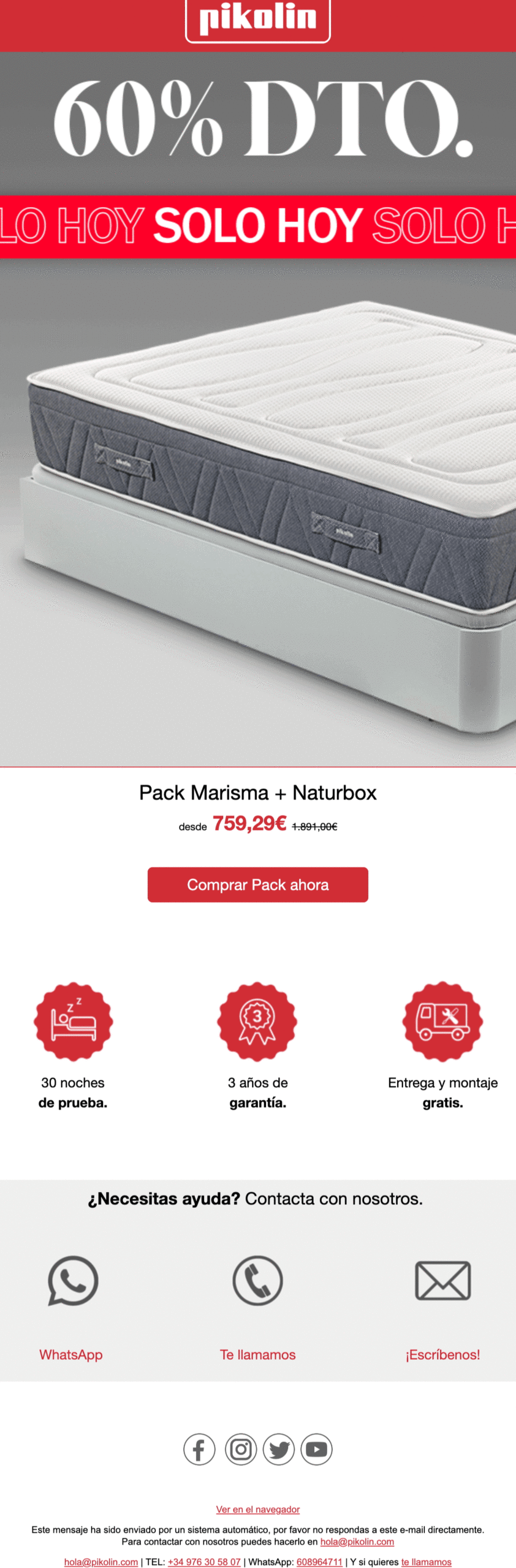 Un correo de Pikolin con una oferta de un solo día en uno de sus packs.